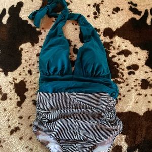 Beautiful blue/black & white striped one-piece